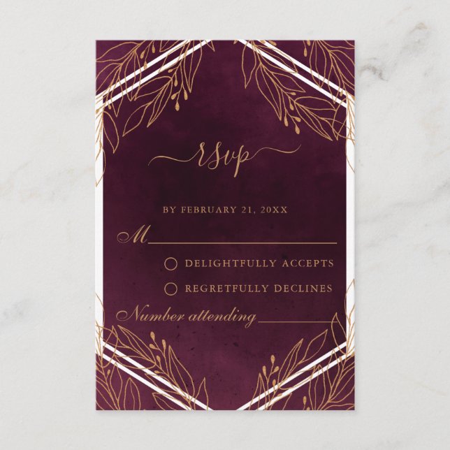 Burgundy och Guld Bröllop OSA Card Rådkort (Framsida)