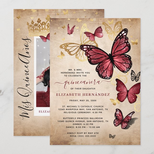 Burgundy och Guld Butterfly Quinceanera Birthday Inbjudningar (Fram/baksida)