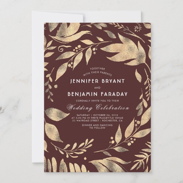 Burgundy och Guld Elegant Lövs Fall Wedding Inbjudningar (Framsida)