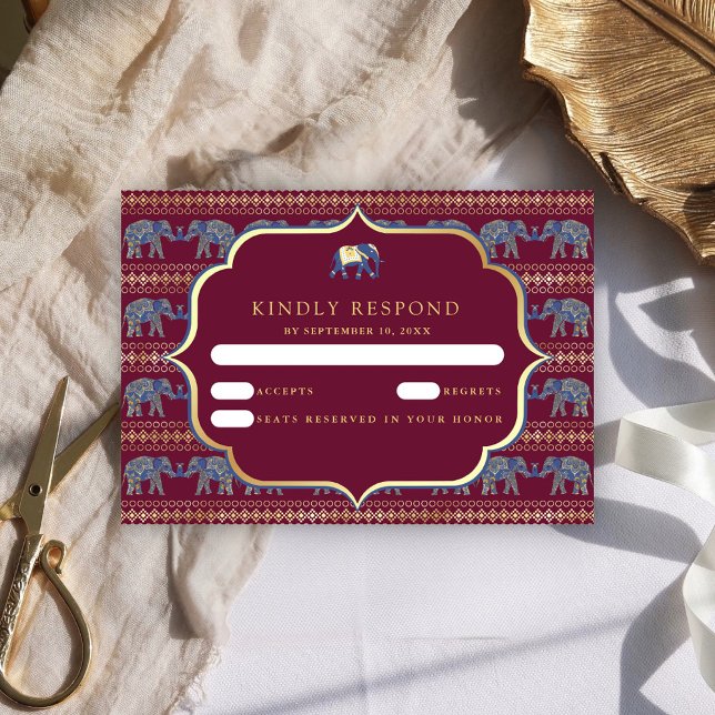 Burgundy och Guld Elephant Indian Bröllop OSA Kort (Skapare uppladdad)
