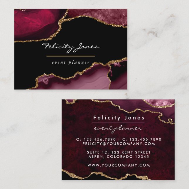 Burgundy och guld Geode Agat Stent Affärs Card Visitkort (Fram/baksida)