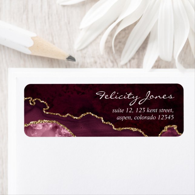 Burgundy och Guld Geode Agate Stone Returadress Etikett (Insitu)