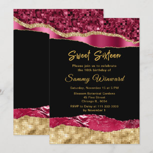 Burgundy och Guld Glam Tårar Sweet sixteen Inbjudningar