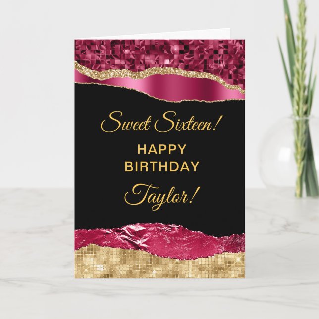 Burgundy och Guld Glam Tårar Sweet sixteen Kort (Framsida)