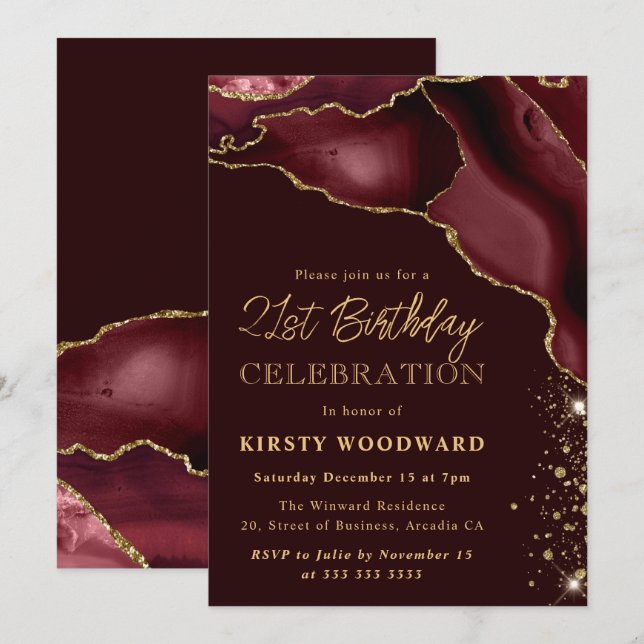 Burgundy och guld glitter agat 21-årsdag inbjudningar (Fram/baksida)