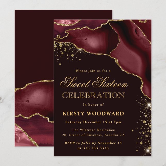 Burgundy och guld glitter agat 21-årsdag inbjudningar (Fram/baksida)