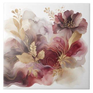 Burgundy och Guld Glitter blommigt Agate Kakelplatta