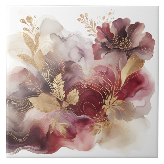Burgundy och Guld Glitter blommigt Agate Kakelplatta (Framsidan)