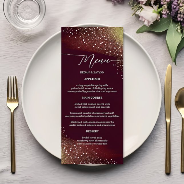 Burgundy Och Guld Glitter Bröllop Meny (Skapare uppladdad)