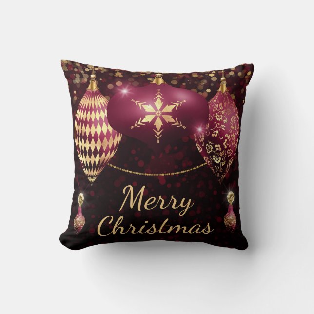 Burgundy och guld glitter julgranskulor kudde (Framsida)