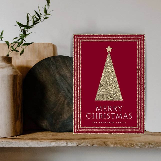 Burgundy och Guld Glitter Luxury Julgran Julkort (Skapare uppladdad)