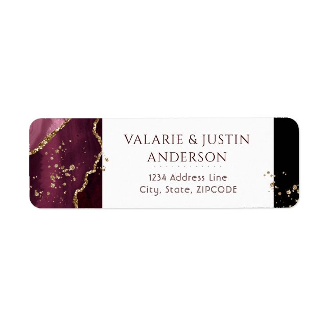 Burgundy och Guld Glitter Marble Bröllop Returadress Etikett (Framsidan)