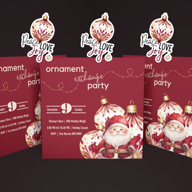Burgundy och Guld Helgdag Ornaments med Santa Inbjudningar (Christmas ornament exchange holiday party with Santa in burgundy and ivory- grab matching stickers)