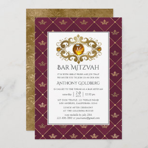 Burgundy och Guld Heraldic Monogram Pub Mitzvah Inbjudningar