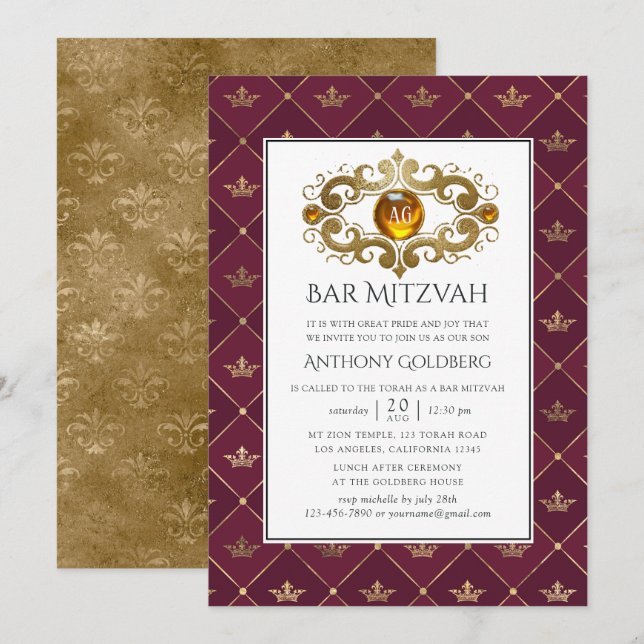 Burgundy och guld heraldiskt monogram Bar Mitzvah Inbjudningar (Fram/baksida)