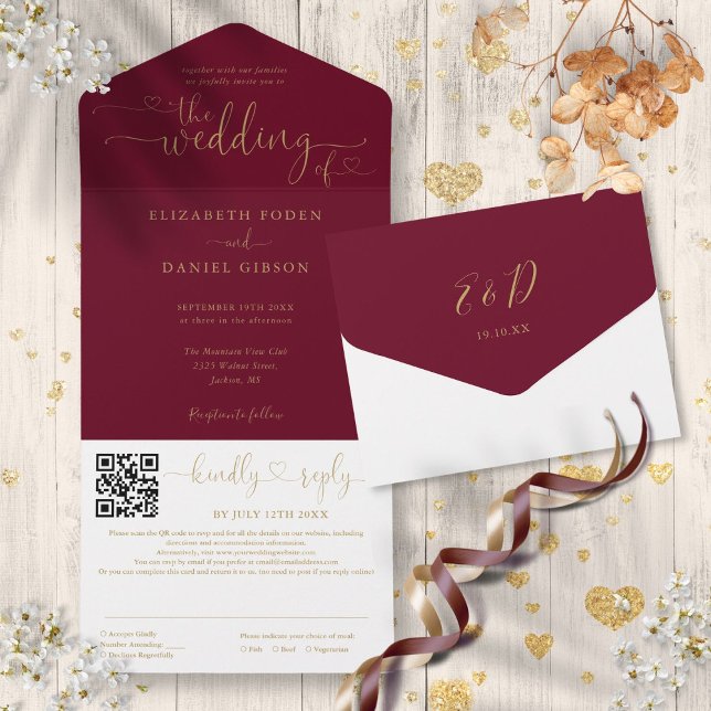 Burgundy Och Guld Hjärtan Script QR-kod Bröllop (Burgundy And Gold Hearts Script QR Code Wedding All In One Invitation)
