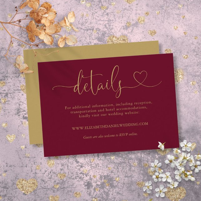 Burgundy Och Guld Hjärtformad Bröllopsdetalj Tilläggskort (Burgundy And Gold Heart Script Wedding Details Enclosure Card)