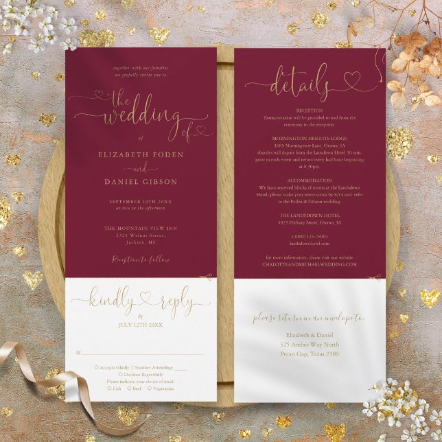Burgundy Och Guld Hjärtformad Script Allt I Ett Br Inbjudningar (Burgundy And Gold Heart Script All In One Wedding Invitation)