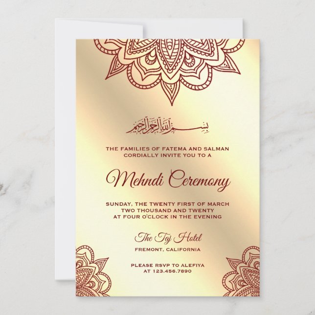 Burgundy och guld islamisk muslimsk Mehndi-ceremon Inbjudningar (Framsida)