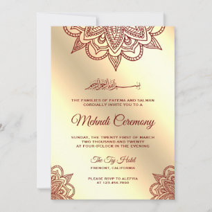 Burgundy och guld islamisk muslimsk Mehndi-ceremon Inbjudningar