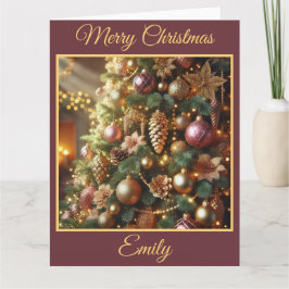 Burgundy och Guld Julgran Kort