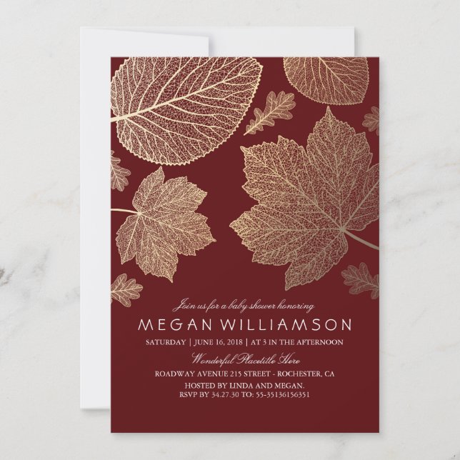 Burgundy och Guld Lämnar Fall Baby Shower Inbjudningar (Framsida)
