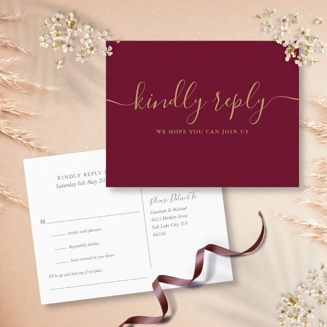 Burgundy och Guld Låtanmodan RSVP Brevkort Inbjudan Vykort (Burgundy and Gold Song Request RSVP Postcard)