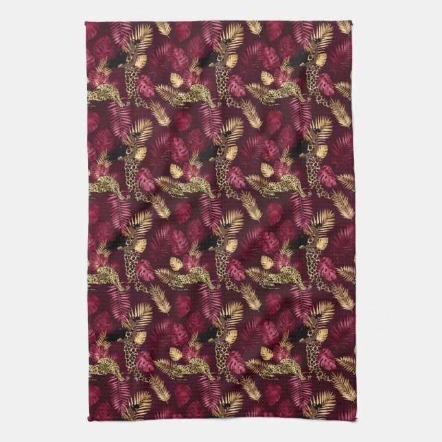 Burgundy och Guld Leopard Serie Design 12 Kökshandduk (Vertikal)