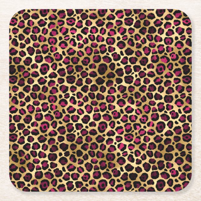 Burgundy och Guld Leopard Serie Design 2 Underlägg Papper Kvadrat (Framsidan)