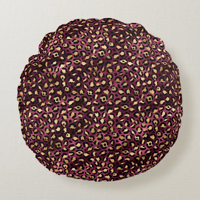 Burgundy och Guld Leopard Series Design 1 Rund Kudde (Framsidan)