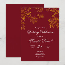 Burgundy och Guld Löv hösten Bröllop Inbjudningar