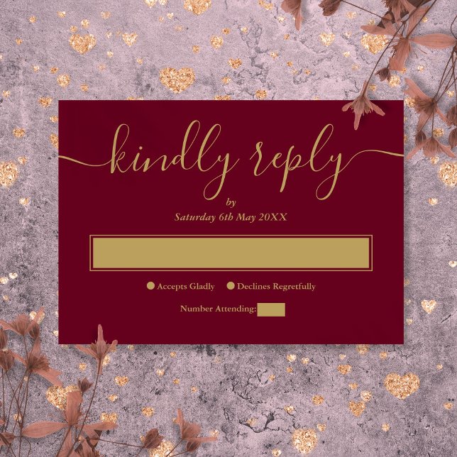 Burgundy och Guld Modern Minimalist Elegant Script OSA Kort (Burgundy and Gold Modern Minimalist Elegant Script RSVP Card)