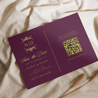Burgundy Och Guld Monogram QR-kod Bröllop Spara Datumet