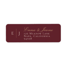 Burgundy och guld monogram vingård bröllop returadress etikett
