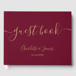 Burgundy och Guld Namnteckning skript Bröllop Gästböcker