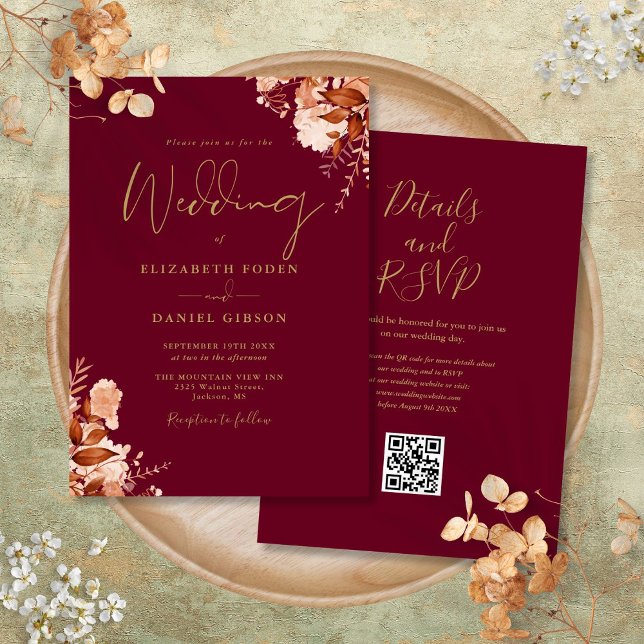 Burgundy och Guld QR-kod Höstbröllop Inbjudningar (Burgundy And Gold QR Code Fall Wedding Invitation)