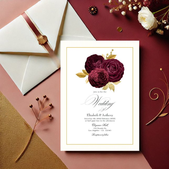 Burgundy och Guld Ro Bröllop Inbjudningar (Burgundy and Gold Rose Wedding Invitation)