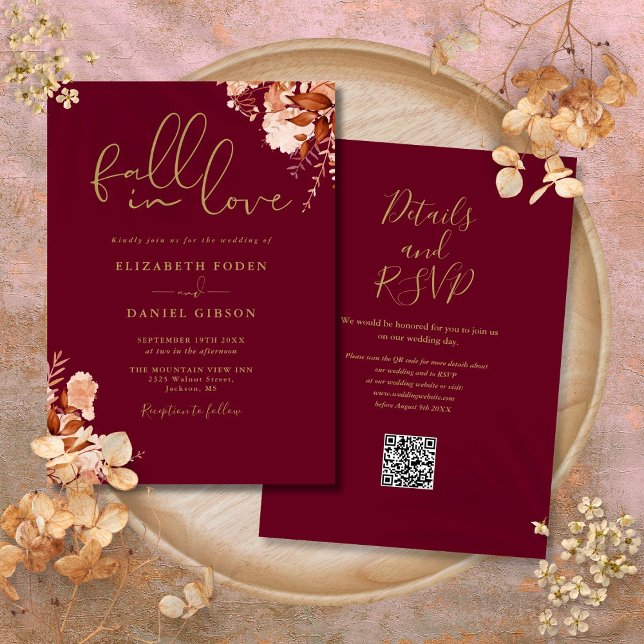 Burgundy och Guld Rustic Blommigt QR-koden Bröllop Inbjudningar (Burgundy And Gold Rustic Floral QR Code Wedding Invitation)