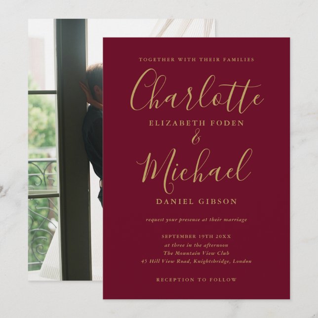 Burgundy Och Guld Script Bröllop Modernt Foto Inbjudningar (Fram/baksida)