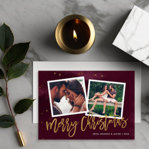 Burgundy och Guld Script God Jul 2 Foto Julkort