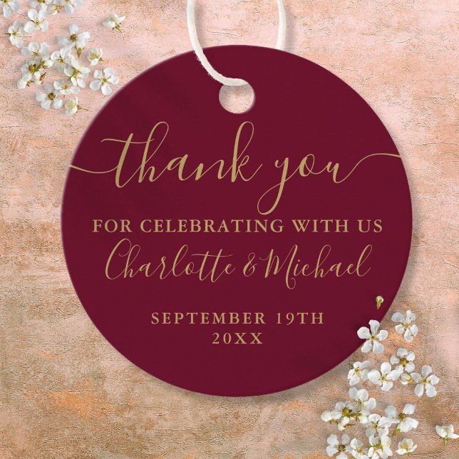 Burgundy och Guld Script Tack Bröllop Gåvor Etiketter (Burgundy and Gold Script Thank You Wedding Favor Tags)