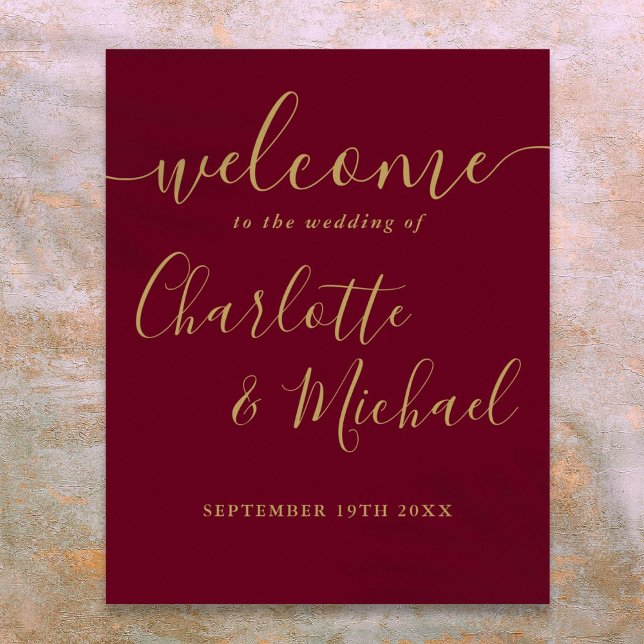 Burgundy och guld Script Välkomstskylt för bröllop Poster (Burgundy and Gold Script Wedding Welcome Sign)