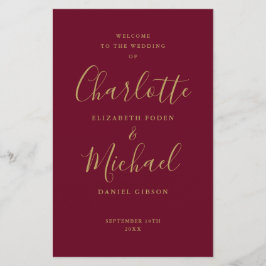 Burgundy och guld signatur skript bröllopsprogram