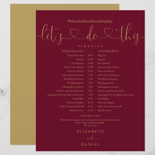 Burgundy och guld skript bröllopsschema tidslinje (Fram/baksida)