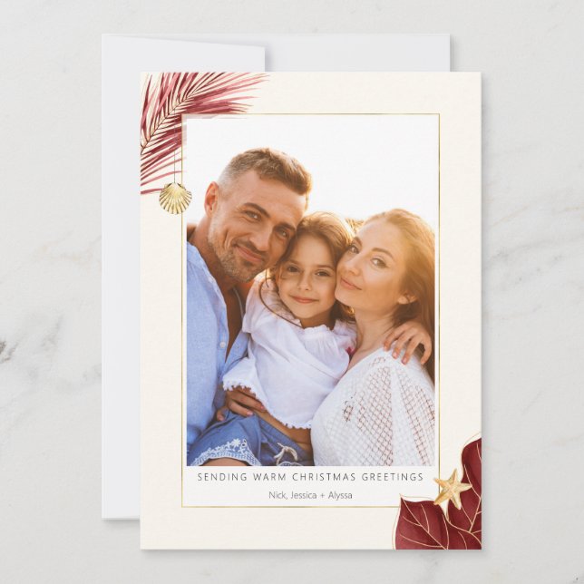 Burgundy och Guld Tropical Greenery Photo Julkort (Framsida)