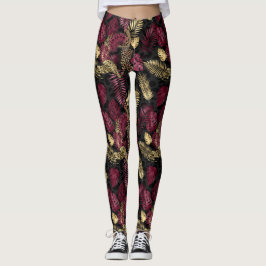 Burgundy och Guld Tropical Löv Mönster Leggings