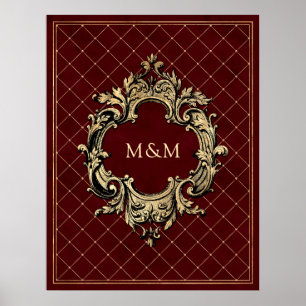 Burgundy och Guld Vintage Luxury Lattice Monogram Poster