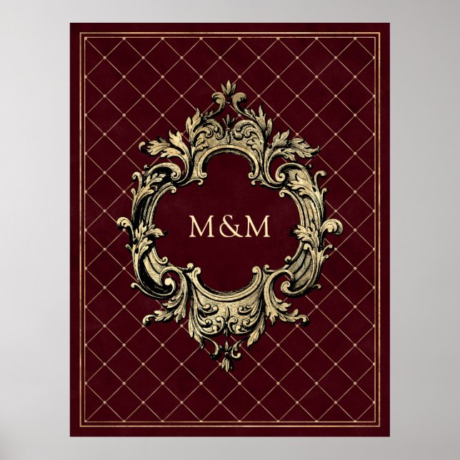 Burgundy och guld vintage lyx galler monogram poster (Framsidan)