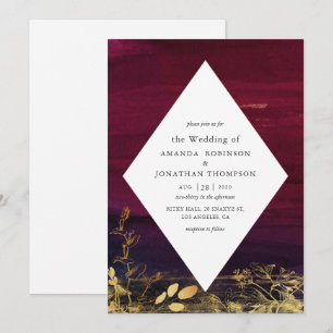 Burgundy och Guld Watercolor Tvättar Bröllop Inbjudningar