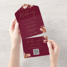 Burgundy och guldblommig QR-kod Höstbröllop